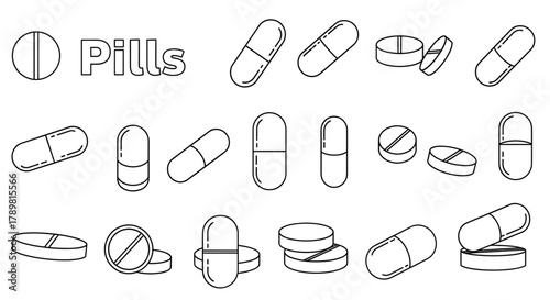 A collection of various pills, tablets, and capsules illustrated in a black and white outline doodle style.