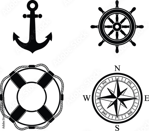 Nautical icons anchor wheel lifebuoy compass for maritime adventure