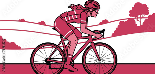 Dynamic female cyclist in full gear races through scenic landscape