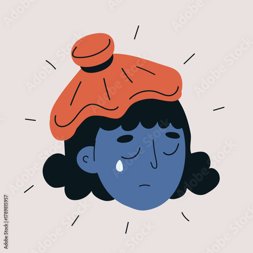 Cartoon vector illustration of a woman crying with a hot water bottle on her head, symbolizing illness and discomfort