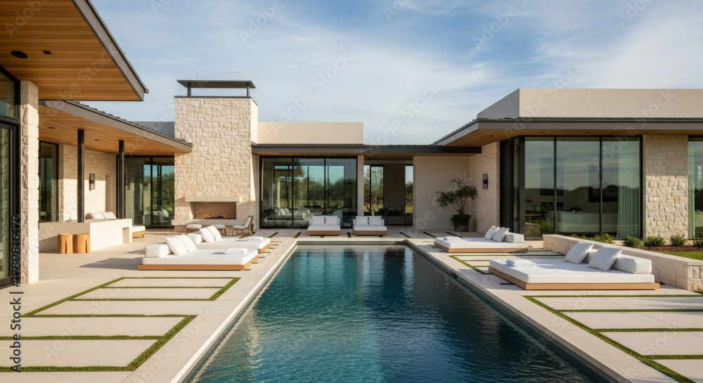 Obraz premium Stunning Modern Home Exterior With Large Swimming Pool, Stone Fireplace, and Elegant Outdoor Lounge Area