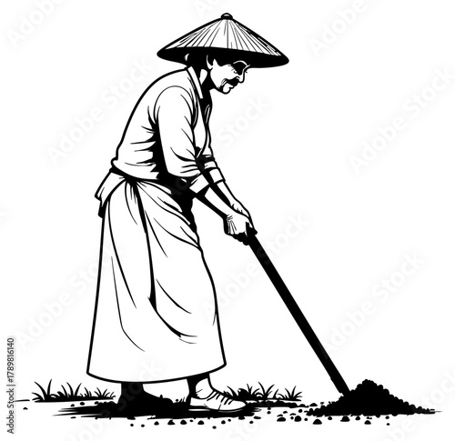 Asian Farmer Woman Line Art Vector Illustration, Working in Field, Transparent Background