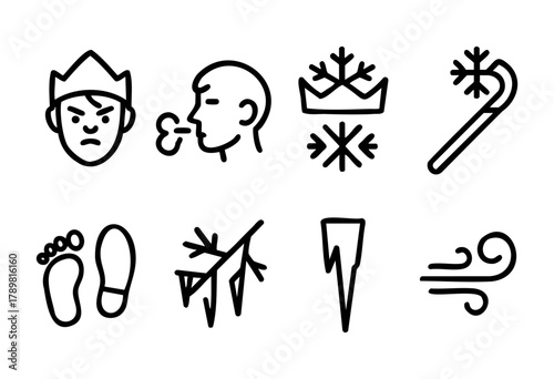Various winter-themed icons show elements like frost, cold breath, snowflakes, and icy objects. Each symbol represents different aspects of winter in a minimalistic design.