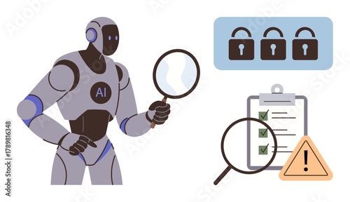 Robot with magnifying glass checking checklist, padlocks, warning sign. Ideal for technology, cybersecurity, AI, risk assessment, data protection digital security compliance. Simple flat metaphor