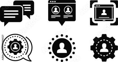 Modern icons represent communication, users, and business processes