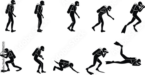 Dynamic scuba diving sequence showcasing diver's progression, ideal for adventure and ocean themes. Originally vector graphics, scalable and versatile.