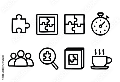 Various icons illustrate puzzle pieces, a stopwatch, a magnifying glass, and a coffee cup, representing jigsaw puzzle activities, teamwork, and enjoyment during leisure time.