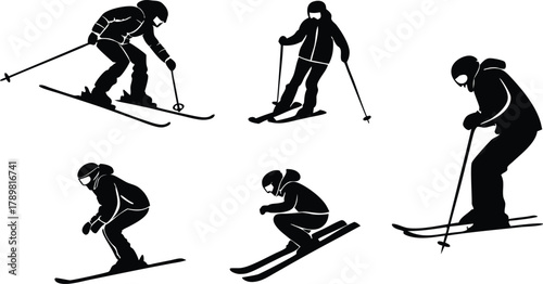 Dynamic skiers gliding down snowy slopes, capturing winter's thrill and outdoor adventure, perfect for travel and sports marketing, originally a scalable vector graphic