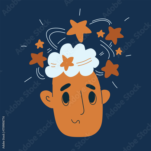 Cartoon vector illustration of a man with stars around his head, symbolizing dizziness and confusion against dark background