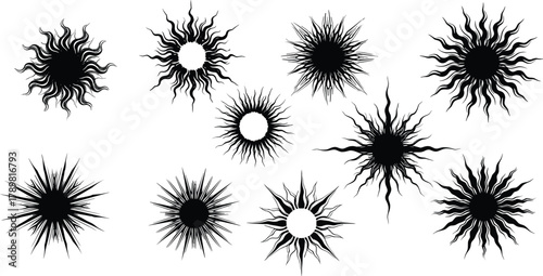 Black sun icons, tribal rays, abstract solar shapes, flame style, circular core, tattoo design, decorative elements, flat vector illustration