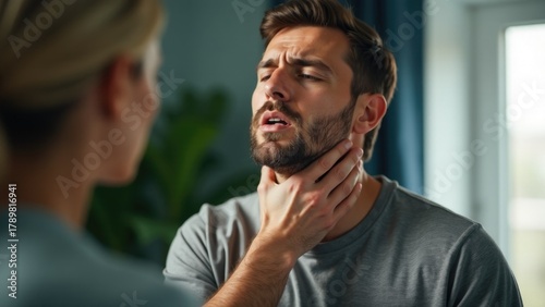 Wallpaper Mural A person experiencing discomfort due to a neck sore, suitable for medical or health-related uses Torontodigital.ca