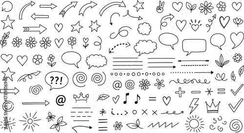 Hand Drawn Doodles Collection Arrows, Hearts, Stars, Flowers, Crown on Transparent Background