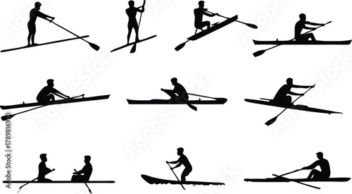 Dynamic silhouettes showcase athletic paddleboarding, kayaking, and rowing sports for fitness, adventure, and competitive water activities, originally vector