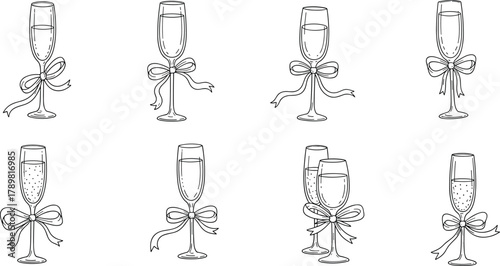 Champagne glass illustration, ribbon-decorated stems, bubbly and still drinks, elegant party theme, comparison set, flat vector design