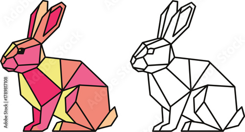 Geometric rabbit art, vibrant colors and outline, modern design