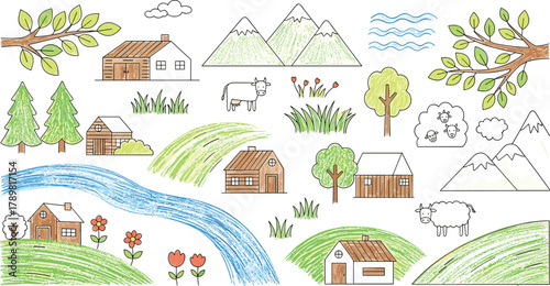 Countryside landscape illustration, houses and hills, river and mountains, farm animals, trees and flowers, pastoral theme, flat vector design
