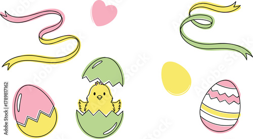 Easter celebration elements, cute chick, colorful eggs, festive ribbons, spring heart, cracked shell, holiday symbols, pastel theme, flat vector illustration