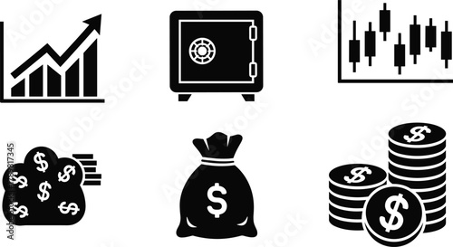 Finance icon set, candlestick chart, money bag, cloud currency, secure safe, coin stack, investment theme, flat vector illustration