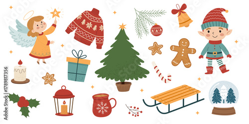 Christmas vector set with angel, elf, gingerbread, Christmas tree, gifts and winter holiday elements in cozy flat style.