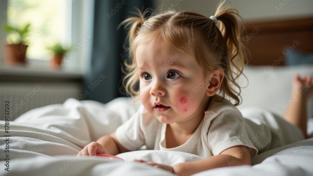 Fototapeta premium A young child resting on a bed, possibly after illness or nap