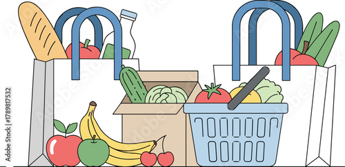 Grocery haul illustration, fresh produce bags, shopping basket, cardboard box, healthy food items, market theme, flat vector design