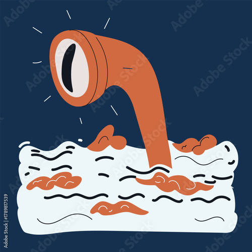Cartoon vector illustration of a periscope emerging from water, symbolizing observation and hidden exploration against dark background