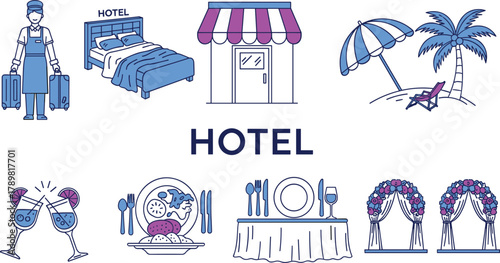 Hotel service icons, staff and suitcases, dining setup, beach leisure, cocktails, wedding arches, vacation theme, flat vector illustration