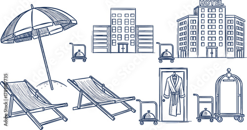 Hotel and vacation icons, beach chairs and umbrella, luggage carts, hotel buildings, bathrobe door, hand-drawn style, vector illustration