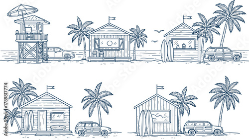 Beach huts, lifeguard tower, surfboards, palm trees, coastal cars, tropical scene, seaside leisure, summer vibe, flat vector illustration
