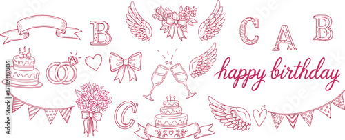 Birthday and wedding icons, pink outline style, cakes, rings, champagne glasses, floral decor, festive theme, flat vector illustration
