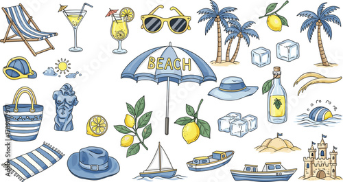 Beach vacation, summer items, tropical drinks, palm trees, sun hat, boats, sandcastle, beach ball, sunglasses, lemon branch, towel, umbrella, banana