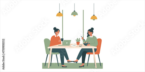 Two female colleagues enjoying a lunch break in a modern office A bold yet minimalist composition with handcrafted textures, geometric forms, and clean color blocks. A modern and elegant design that b