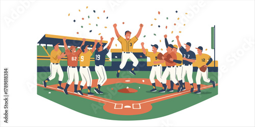 Players celebrate their game victory on the diamond. Teamwork and success are evident as they cheer with excitement A bold yet minimalist composition with handcrafted textures, geometric forms, and cl