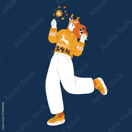 Cartoon vector illustration of a woman wearing reindeer antlers and holding sparklers while jumping in a Christmas sweater, symbolizing festive joy and holiday spirit against dark background