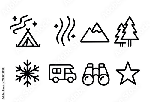 Collection of simple line icons showcasing camping, nature activities, and outdoor elements. Includes tents, mountains, trees, snowflakes, and binoculars, perfect for adventure-themed design.