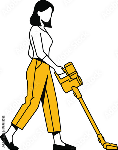 Woman vacuuming modern home floor with cordless cleaner