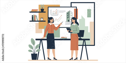 Two businesswomen discussing plans in a modern office setting A bold yet minimalist composition with handcrafted textures, geometric forms, and clean color blocks. A modern and elegant design that bal