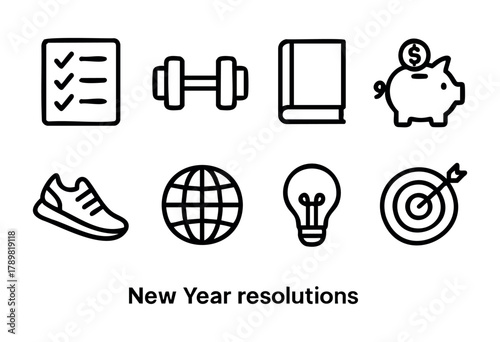 This collection of icons represents popular New Year resolutions, including goals for fitness, financial savings, learning, and setting achievable targets for personal development.
