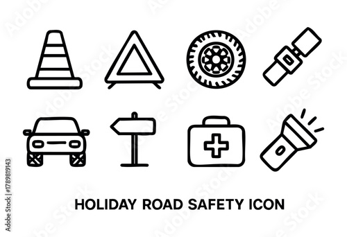 Various road safety symbols provide important reminders for travelers during holidays. Icons include traffic cones, cars, belts, first aid kits, and more, emphasizing the need for safety.