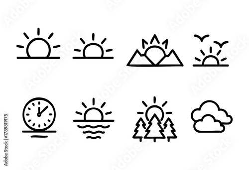 A collection of simple doodles illustrating various weather and time themes, including sunrises, mountains, trees, and clouds. Each design is black and white, sharing a playful, minimalist look.