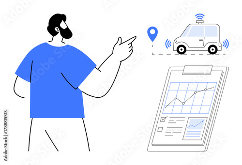 Man gestures towards a smart, connected vehicle highlighted by GPS marker and signals while standing near a clipboard showing analytics and progress checks. Ideal for technology, innovation