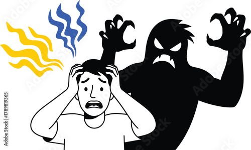 Man terrified by dark shadow monster, fear and anxiety concept