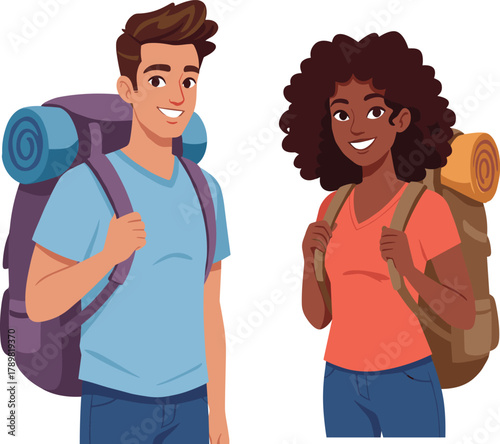 Backpackers ready for outdoor adventure, cartoon travel characters, hiking gear moment, nature exploration, casual attire, camping preparation, smiling pose, journey
