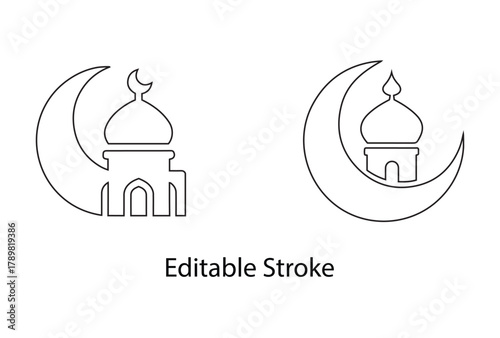 mosque with half moon vector editable stroke icon set, mosque islamic concept vector line art illustration