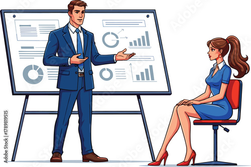 Business presentation with charts and graphs, professional meeting scene, data analysis, corporate strategy discussion, formal workplace, visual report explanation