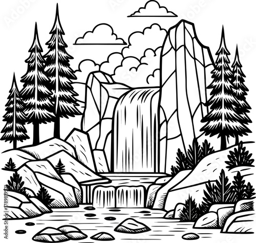 Waterfall in forest with rocks and trees, nature coloring book art, outline style line art vector line art vector art black and white