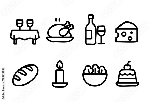 A beautifully arranged table features wine glasses, a roasted chicken, cheese, and vibrant dishes. The setting is perfect for a romantic dinner, complete with candles and desserts.