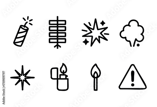 Various icons represent activities and items commonly associated with celebrations. These include fireworks, a cotton candy sign, a flame, and caution symbols, highlighting excitement and safety.