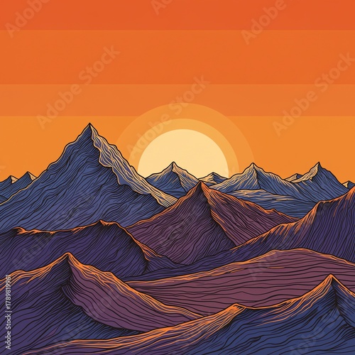 Mountain range landscape with sunset glow