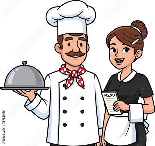 Cartoon chef and waitress standing together, restaurant staff in uniform, serving dish and menu, hospitality teamwork, professional service, vector illustration